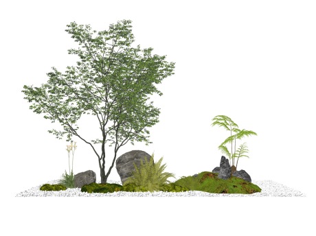 新中式苔藓石头灌木树小品SU模型