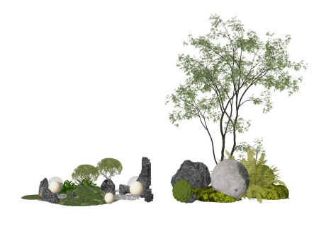 新中式石头灌木树小品SU模型