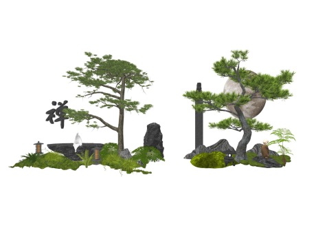 新中式松树石头灌木小品SU模型