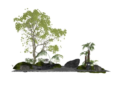 新中式石头造型树灌木小品SU模型