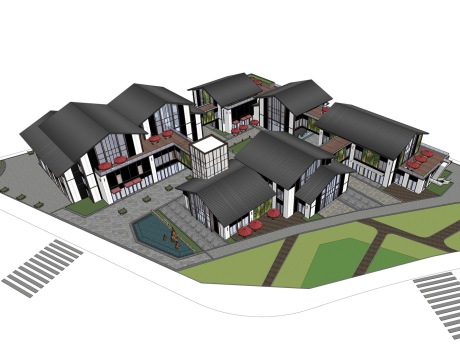 新中式商业街SU模型