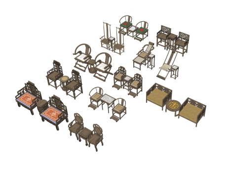 古代椅子茶几组合SU模型