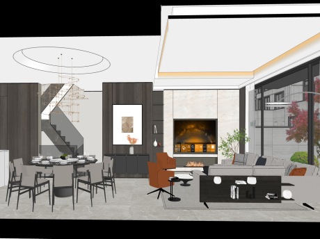 现代别墅客餐厅空间SU模型