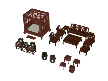 古代桌椅沙发床组合SU模型