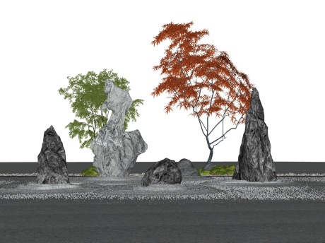 新中式枯山水假山景石石头红枫小品SU模型