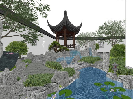 中式古典园林庭院景观SU模型