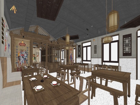 新中式餐厅SU模型