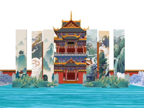 新中式古风美陈古建筑围墙字画SU模型