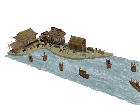 古代茅草屋渔船SU模型