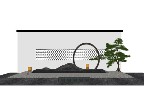 新中式山形松树景墙SU模型