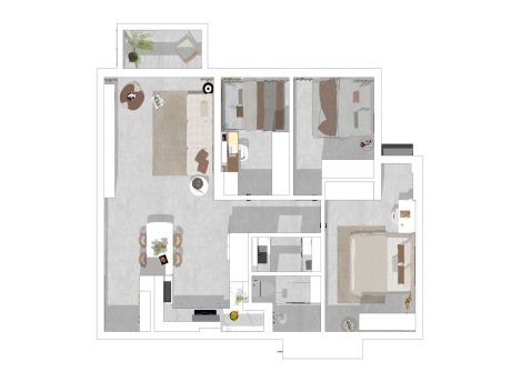 现代三房两厅家装空间SU模型