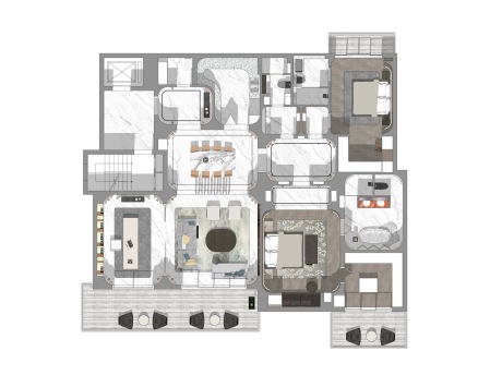 现代三房两厅大平层家装空间SU模型