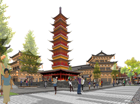 南京高淳保圣寺塔宋式商业街SU模型