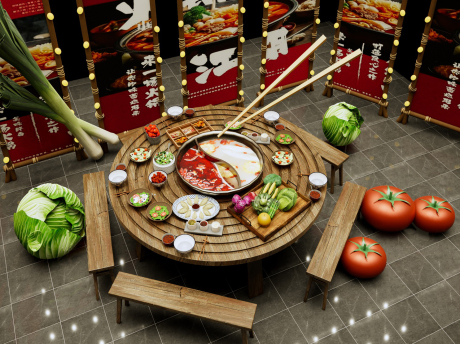 火锅桌椅蔬菜瓜果SU模型