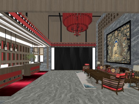 藏式酒店大堂SU模型