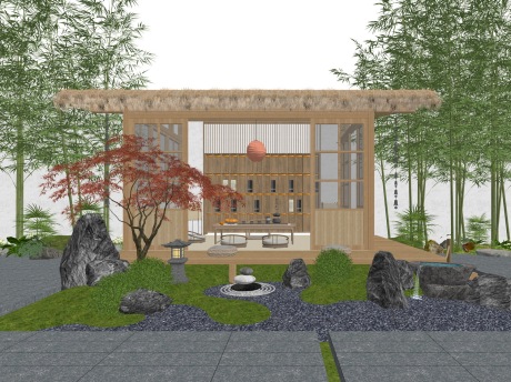 新中式枯山水庭院茅草亭茶室SU模型