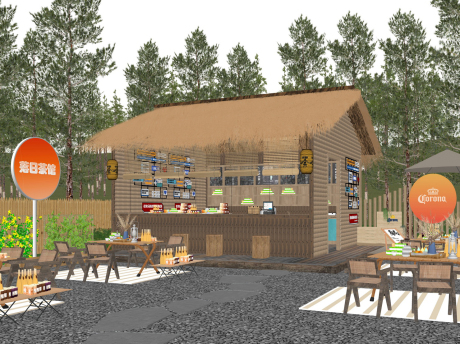 落日茶馆围炉煮茶茅草屋木屋SU模型