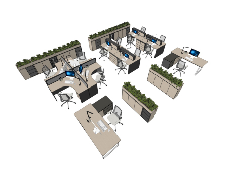 办公桌椅绿植隔断组合SU模型