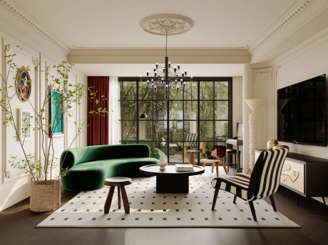 现代中古风别墅私宅1F空间SU模型