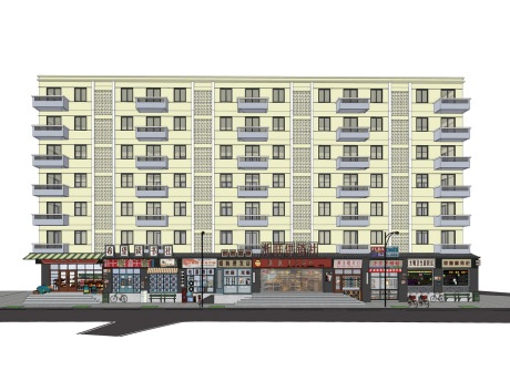 老社区城市旧街道破损居民楼商铺改造SU模型