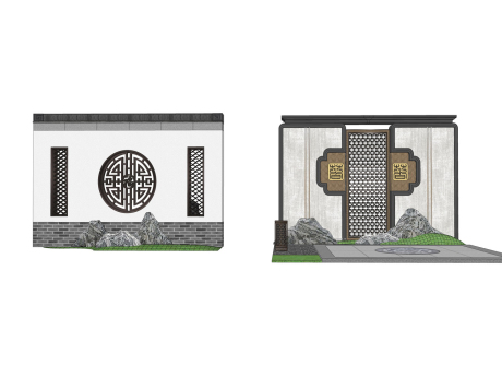 新中式镂空景墙SU模型
