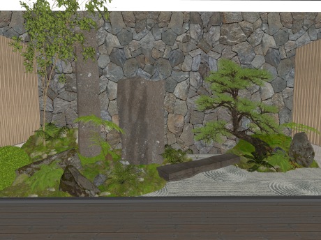 新中式石头苔藓蕨类松树小品SU模型