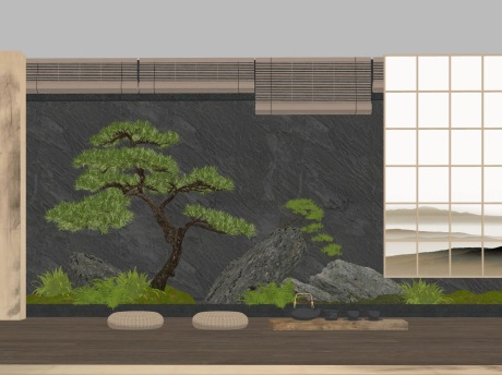 新中式造型松石头蒲团小品SU模型