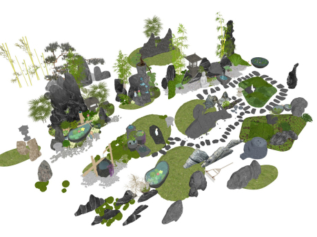 新中式水钵跌水苔藓石头竹子小品SU模型