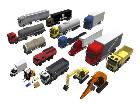 工程车水泥搅拌车叉车起重车货车运输车SU模型