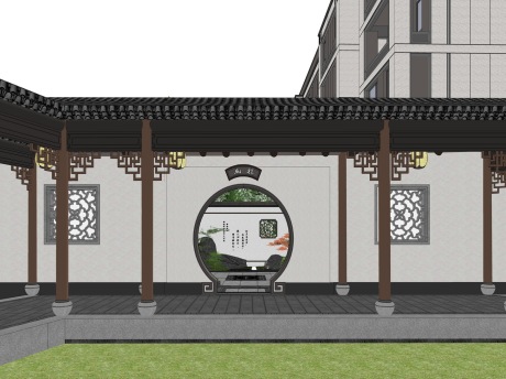 新中式庭院梅花门景墙连廊SU模型