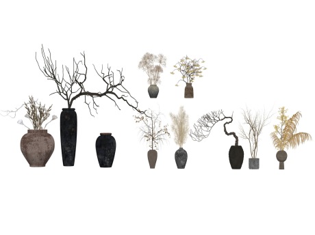 侘寂陶罐盆栽盆景SU模型