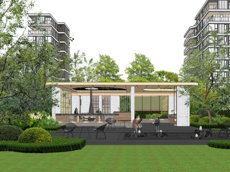 现代居住区中庭廊架围炉夜话SU模型