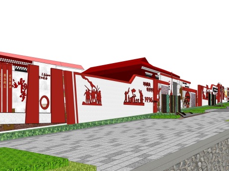 秋月河风情街红色党建围墙SU模型