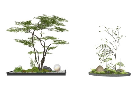 新中式造型树苔藓石头蕨类植物小品SU模型