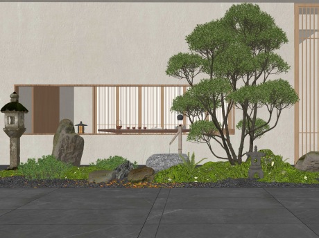 新中式造型树石头苔藓灌木茶台小品SU模型