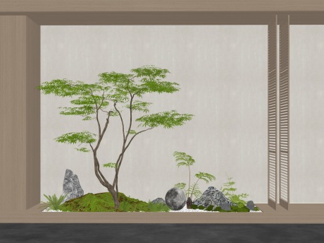 新中式造型树苔藓蕨类植物石头小品SU模型