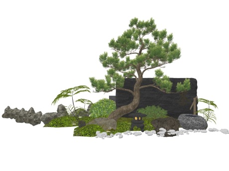 新中式造型松石头灌木水钵小品SU模型
