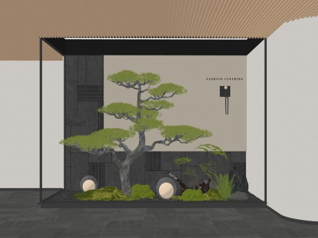 新中式造型树苔藓蕨类植物石头小品SU模型