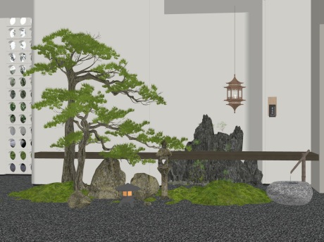 新中式造型松石头苔藓吊灯小品SU模型