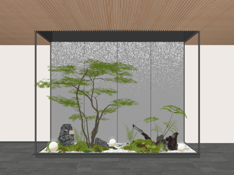 新中式造型树苔藓灌木蕨类植物石头小品SU模型