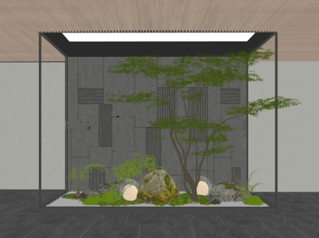 新中式造型树石头苔藓蕨类植物小品SU模型