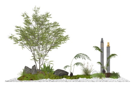 新中式造型树石头蕨类植物灌木苔藓拴马桩小品SU模型