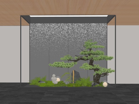 新中式造型松石头苔藓蕨类植物小品SU模型