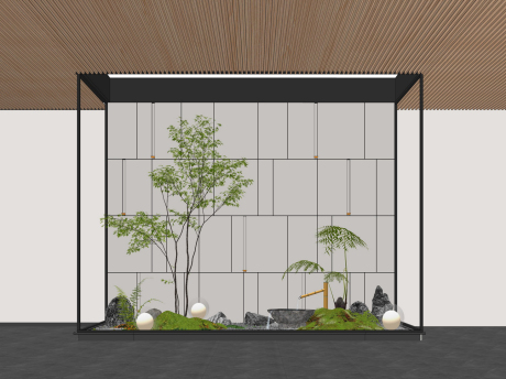 新中式石头苔藓蕨类植物树水景小品SU模型