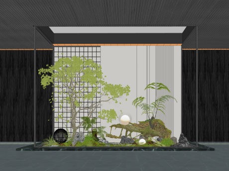 新中式石头苔藓枯树枝造型树小品SU模型