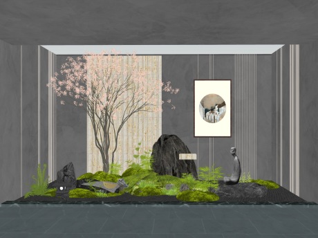 新中式造型树石头苔藓蕨类植物小品SU模型