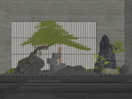 新中式造型松石头石磨水景蕨类植物苔藓小品SU模型