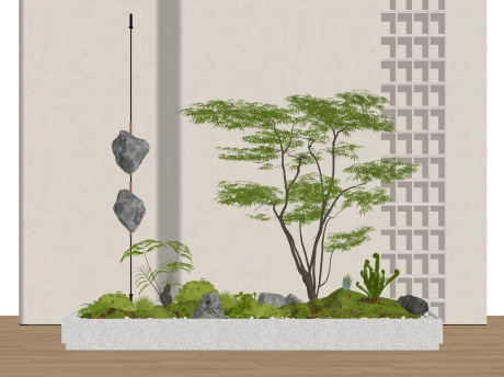 新中式造型树石头苔藓灌木蕨类植物小品SU模型