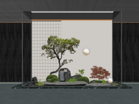 新中式造型树石头跌水灌木小品SU模型