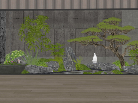 新中式造型松苔藓灌木石头小品SU模型